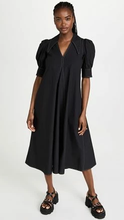 Promo 💯 Buy ⭐ GANNI Cotton Poplin 👗 👗 Dress Black ⌛ 🔔