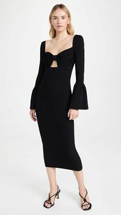 Flash Sale 🔥 New 👍 Self Portrait Ribbed Knit Bow Bust Midi 👗 👗 Dress Black 🧨 ✨