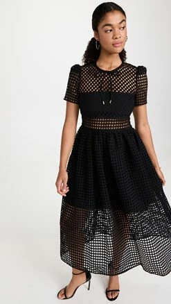Cheapest 🎁 Buy ✨ Self Portrait Black Grid Lace Midi 👗 👗 Dress 🧨 😀